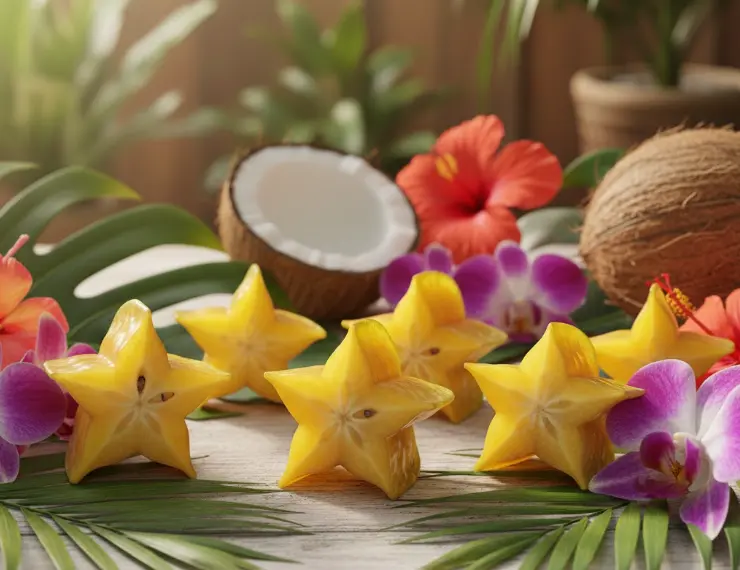Star fruit, also known as carambola, is a tropical fruit that gets its name from its star-shaped slices. It is known for its crisp texture, juicy flesh, and mildly sweet to tangy flavor.